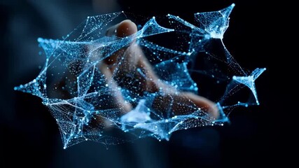 Person interacting with holographic blockchain data stream showing realtime updates of decentralized financial transactions.