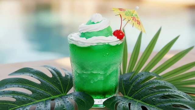 Tropical Green Ice Cream Float with Cherry and Umbrella by Pool