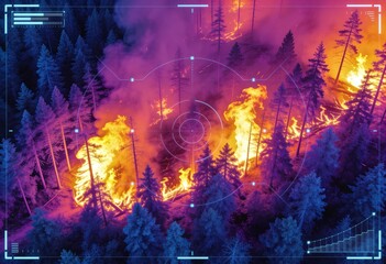 Intense thermal imaging of a forest wildfire with vibrant orange and purple colors, viewed through a digital targeting scope.