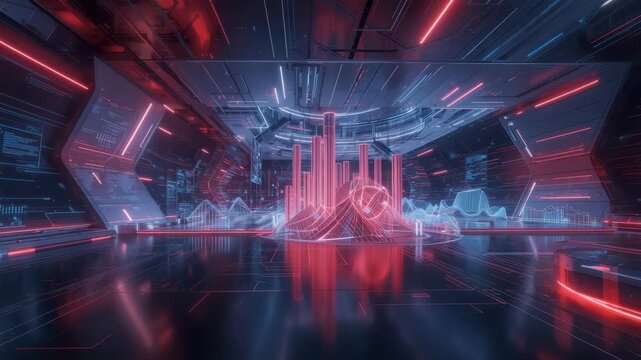 Futuristic data visualization room neon holographic room with reflective floor and red blue glow