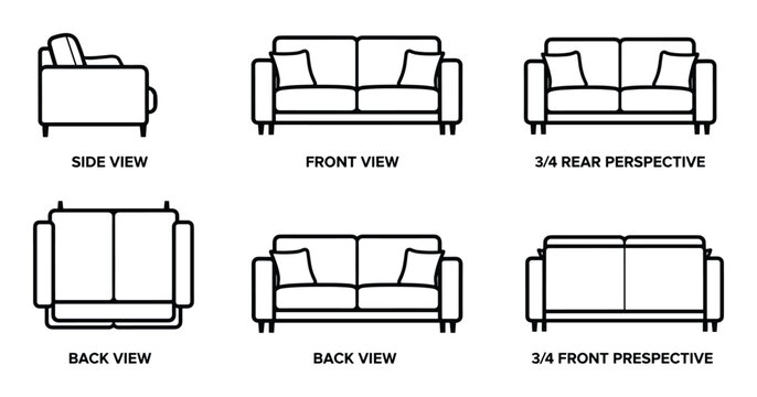 Sofa design in different views line art for design element with furniture or interior design