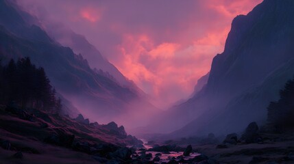 Cinematic landscape of a misty mountain valley at sunset 