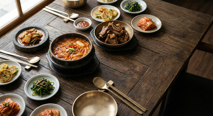 Traditional Korean Food Table Setting with Galbi Bibimbap and Banchan