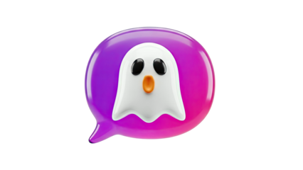 3D Cartoon Ghost Icon in Gradient Speech Bubble