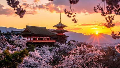Fototapeta premium Stunning Japanese Temple at Sunset - Cherry Blossoms and Scenic Mountain Views.