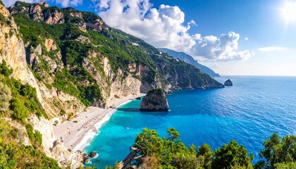 Obraz premium Stunning coastal landscape featuring a pristine beach, turquoise waters, and dramatic cliffs under a bright blue sky.