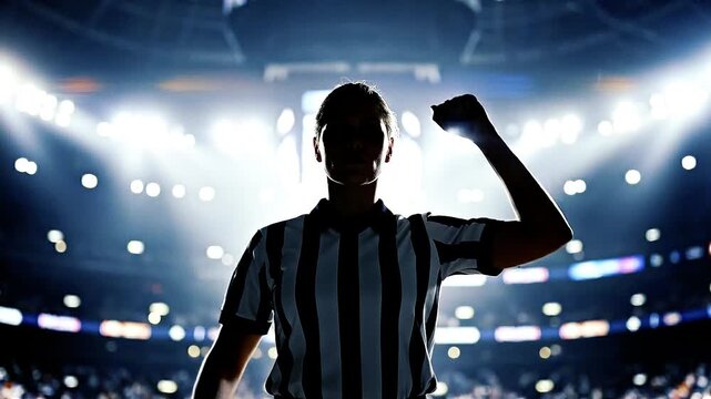Silhouetted Female Referee Celebrating Victory in Brightly Lit Sports Arena