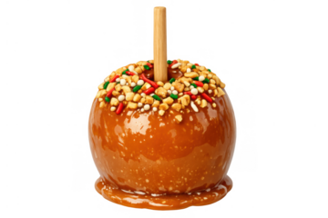 Caramel apple with nuts and sprinkles, a classic autumn treat for halloween or fall festivals, transparent background