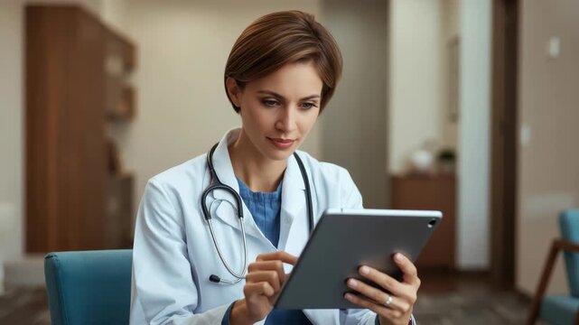 Female doctor reviewing tablet clinic waiting room with stethoscope and medical tablet focused