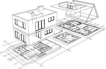 Fototapeta premium Detailed exploded isometric vector of a modern cubic house integrated with a systematic grid of architectural floor plans.