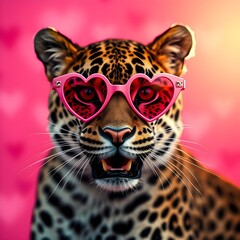 Obraz premium a leopard wearing heart shape glasses in a pink valentine's day color background