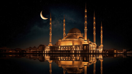 Grand mosque with tall minarets glowing at night, created AI