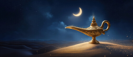 Obraz premium Golden lamp on sand dunes with crescent moon above, created AI