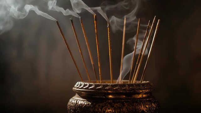 Incense stick ritual brass censer smoke curling, burning incense sticks warm meditation mood