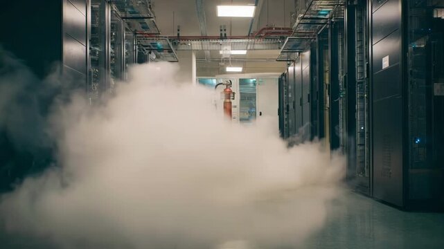 Medium shot of a clean agent gas suppression system discharging inert gas in a server room to protect sensitive electronic equipment without damage.