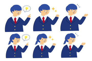 学生ポーズイラストセット|やる気・ひらめき・説明/Student pose illustration set
