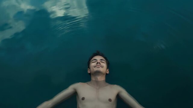Young male adult floating on calm teal and dark lake water with relaxed peaceful expression