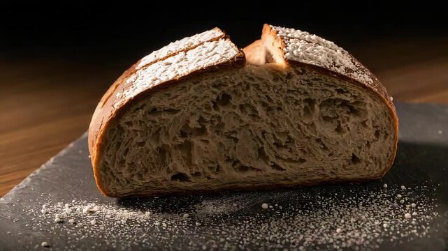 Crusty artisan sourdough bread loaf with airy crumb and flour dusted crust on slate