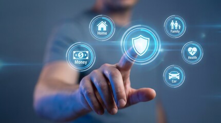 Business professional touching digital cybersecurity shield with global network icons and data protection concepts on futuristic interface