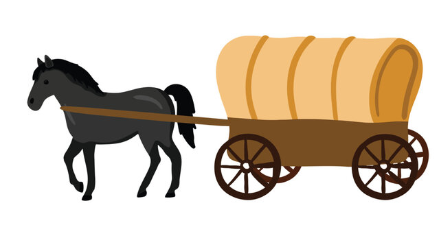 A horse drawn covered wagon carrying goods on a plain background