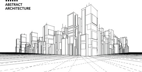 Obraz premium Technical architectural perspective of a dense metropolitan skyline featuring modular skyscraper clusters and an expansive urban drafting grid.