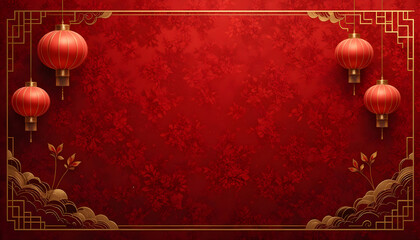 red christmas background with frame, A vibrant red background with gold accents and traditional lanterns for a festive atmosphere