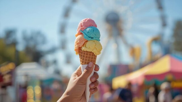 Colorful pastel waffle cone with triple scoop ice cream at sunny summer carnival ferris wheel