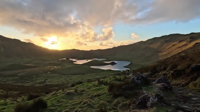 View of the crater lakes of the Caldeirao on Corvo Island, Azores, Portugal