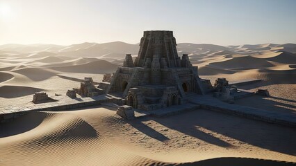 Ancient stone structure stands tall amidst expansive desert landscape under sunlight