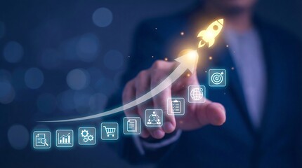 Business professional hand selecting digital innovation icons with glowing tech elements and futuristic interface for growth and success