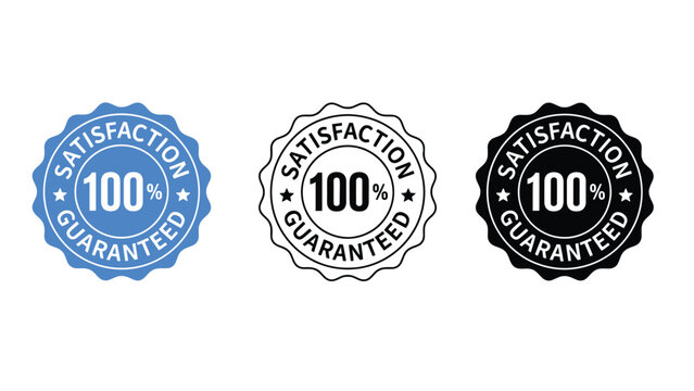 Three satisfaction guaranteed badges in different colors on a white background