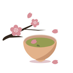 桜と緑茶。春のお抹茶。花見。ベクターイラスト