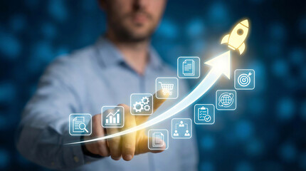 Business professional holding glowing upward trending arrow with digital growth icons in futuristic blue tech environment