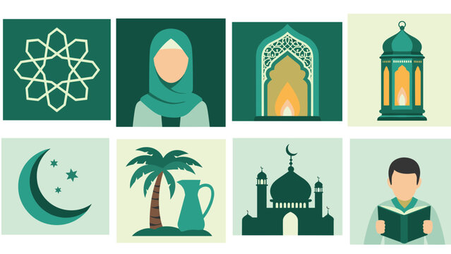 Collage of Islamic architecture, lanterns, crescent moons, palm trees, and a reader with a hijab among decorative tiles.