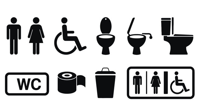 A collection of black and white restroom and toilet symbols and signs