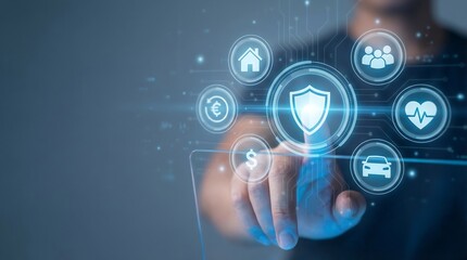 Business professional touching digital security shield icon with global network and data protection hologram overlay