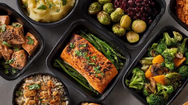 Medium shot showcasing a variety of colorful meal kits prepared for a hybrid nutrition program highlighting fresh ingredients and portion control.