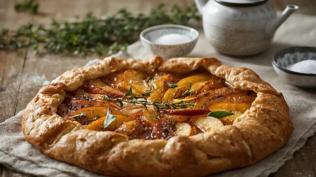 Rustic peach galette with flaky crust, fresh thyme, golden pastry fruit tart rustic dessert joy