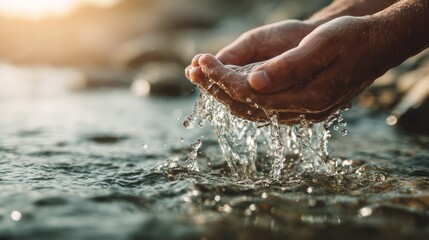 Hands cupped, catching flowing water, with light illuminating droplets and surrounding rocks