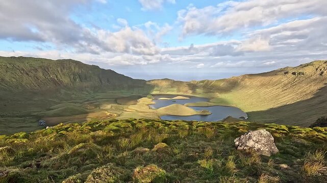 Elevated view of the Caldeirao volcanic caldera on Corvo Island, Azores, Portugal