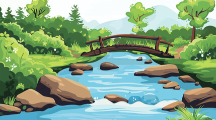 Cartoon river landscape with wooden bridge illustration