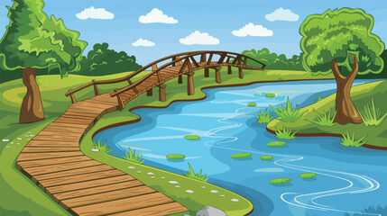 Cartoon river landscape with wooden bridge illustration