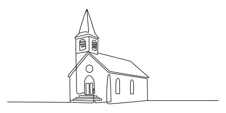 Continuous line drawing of a small church building with a steeple and bell tower Vector, illustration