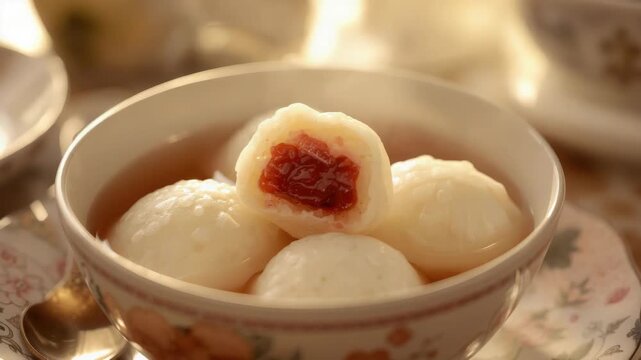 Glutinous rice ball red bean filling sweet syrup dessert bowl steamed dumpling asian dessert