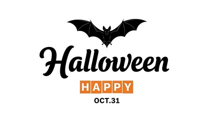 Obraz premium Festive graphic design featuring a stylized black bat illustration above the bold script word Halloween and an orange happy message marking the date october thirty first.