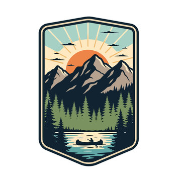 Adventure-inspired outdoor mountain scene with rising sun and forested lake view
