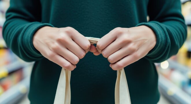 Person firmly grips reusable shopping bag handles inside a retail store environment