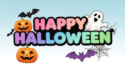 Fototapeta premium Colorful cartoon happy halloween lettering design featuring spooky elements like glowing jack o lanterns cheerful ghosts and flying bats