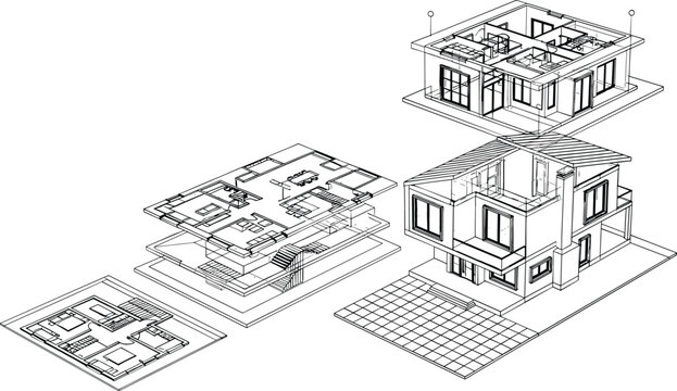 Advanced exploded isometric architectural vector featuring a two-story house with interior layouts, structural sections, and detailed floor plans.