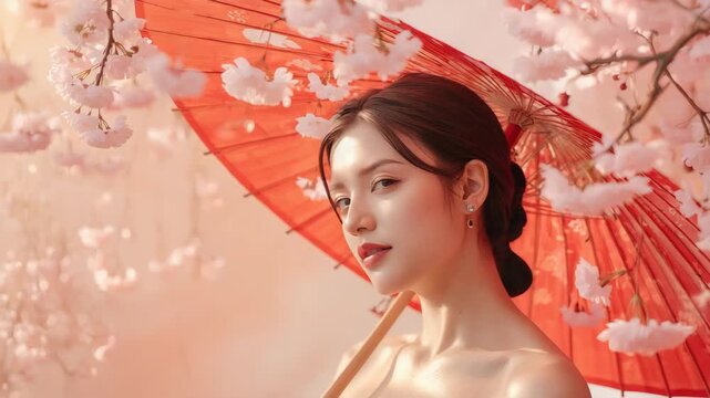 Young woman portrait with red parasol among cherry blossom spring serene asian